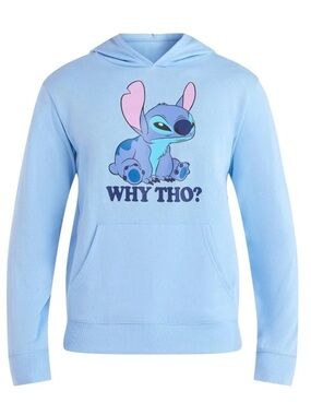 Disney Light Blue Stitch Hoodie with "Why Tho?" Graphic Size XL
